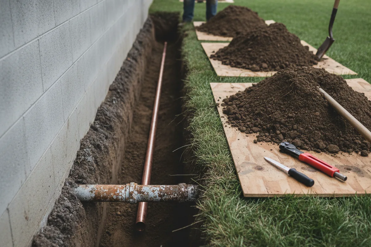 Excavated water line trench during Water Softener Installation in Cannon Falls
